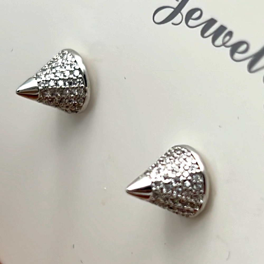 Rhodium Plate Earrings Cone Shaped covered with small Diamonds